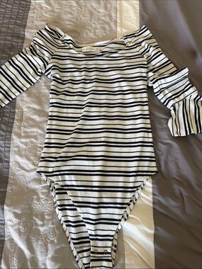 Abercrombie & Fitch Black & White Striped Off-Shoulder One-Piece Bodysuit